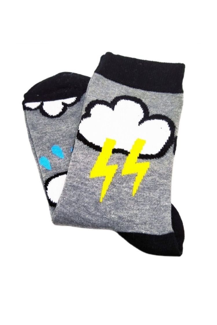 Şimşek ve Yağmurlu Unisex Çorap - Gri - Thumbnail